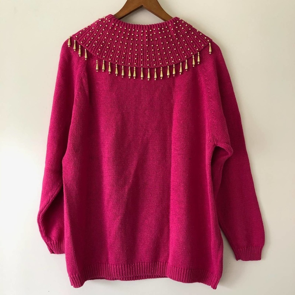 Vintage 80s Barbie Hot Pink Sweater Gold Embellished Tassels Cervelle Large - Picture 5 of 9